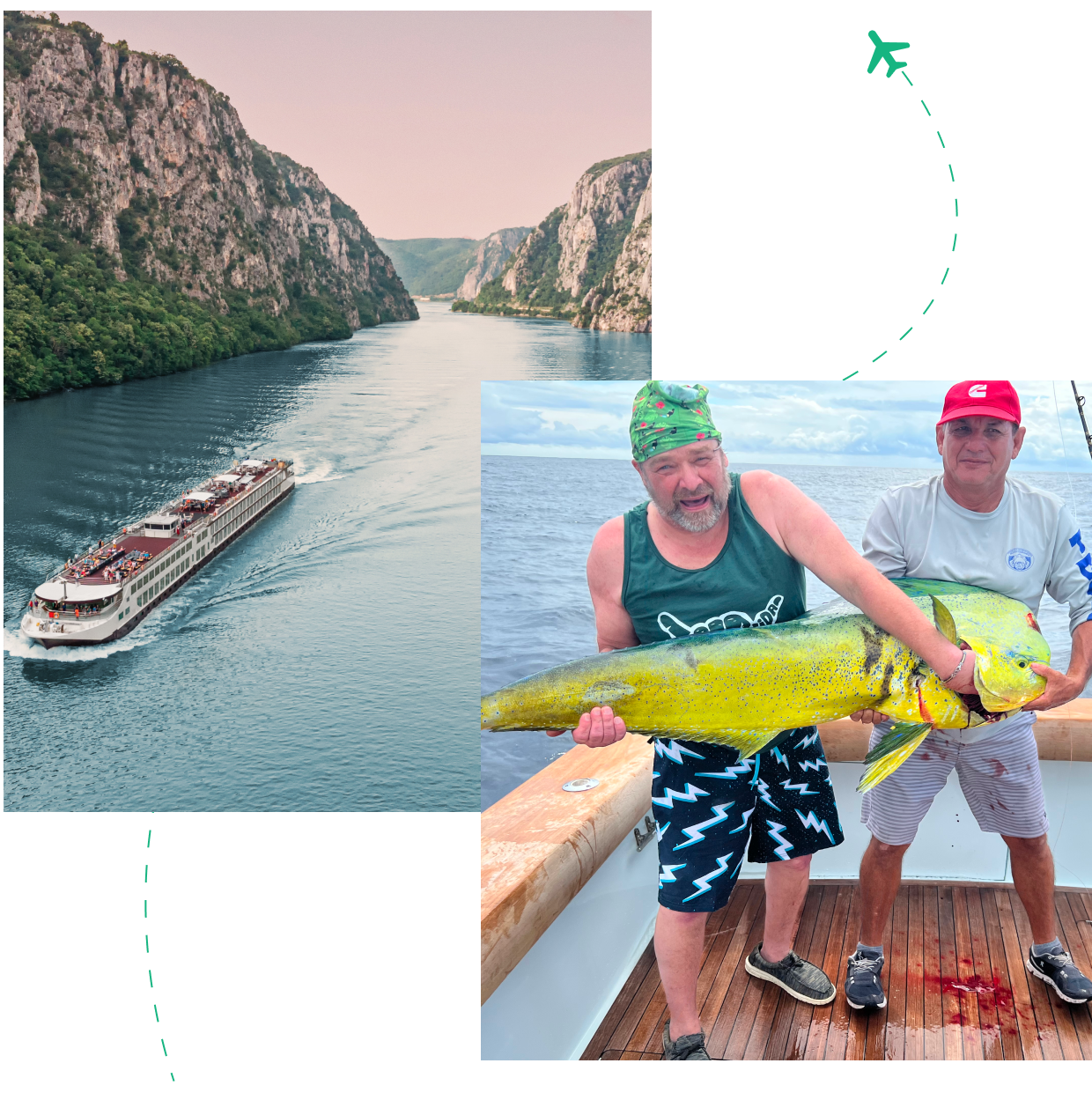 Cruise ship and two men with fish.
