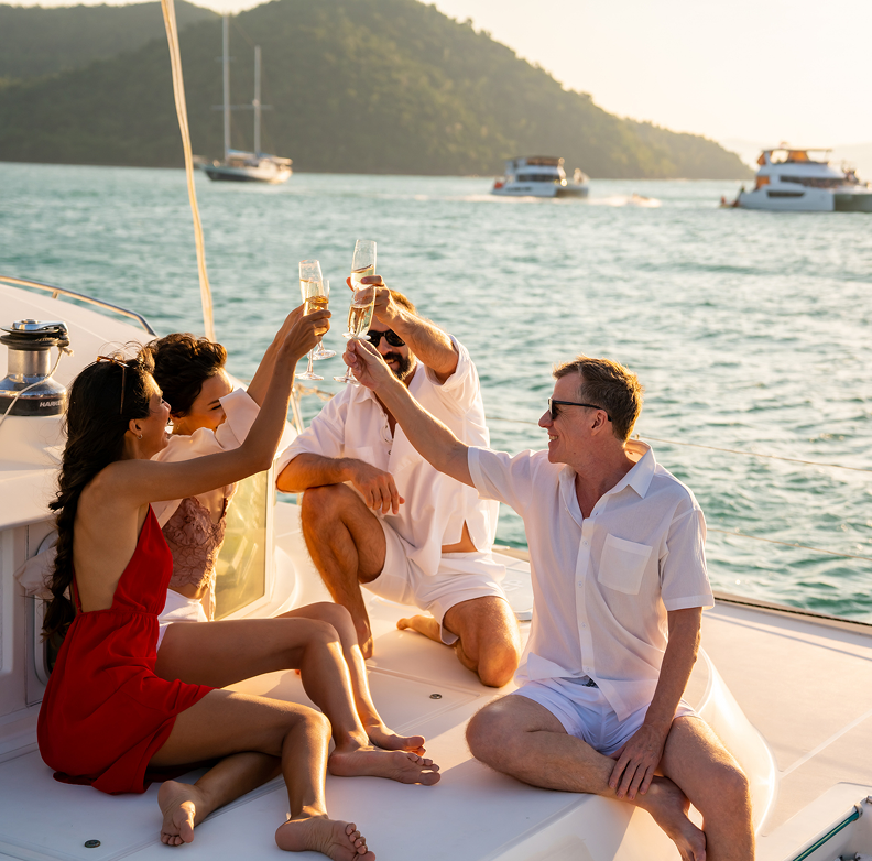 Friends toasting on a yacht at sunset.