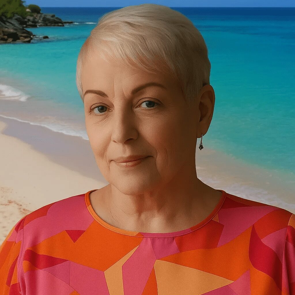 Woman with short white hair on a tropical beach background.
